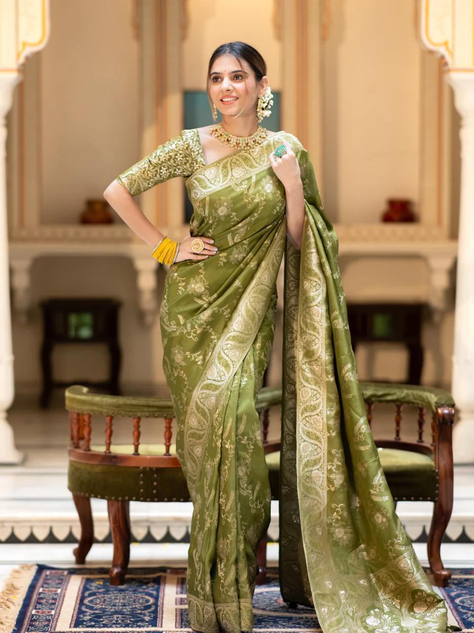 Mehandi Silk Saree With Unstitched Brocade Heavy Work Blouse