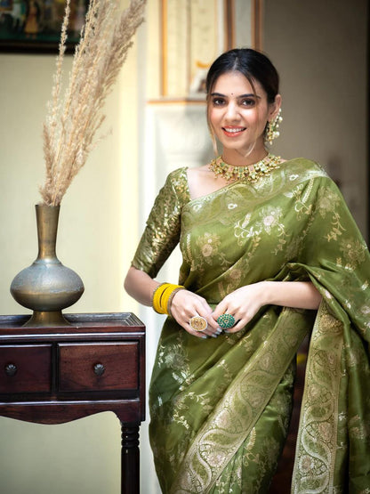 Mehandi Silk Saree With Unstitched Brocade Heavy Work Blouse