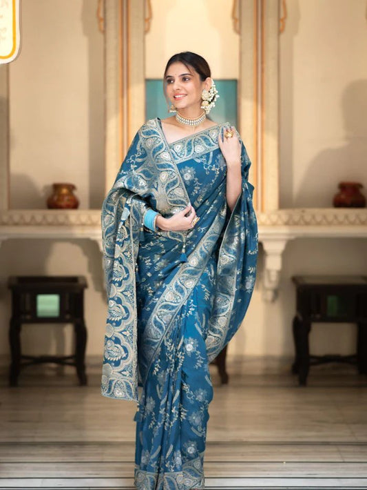 Rama Silk Saree With Unstitched Brocade Heavy Work Blouse
