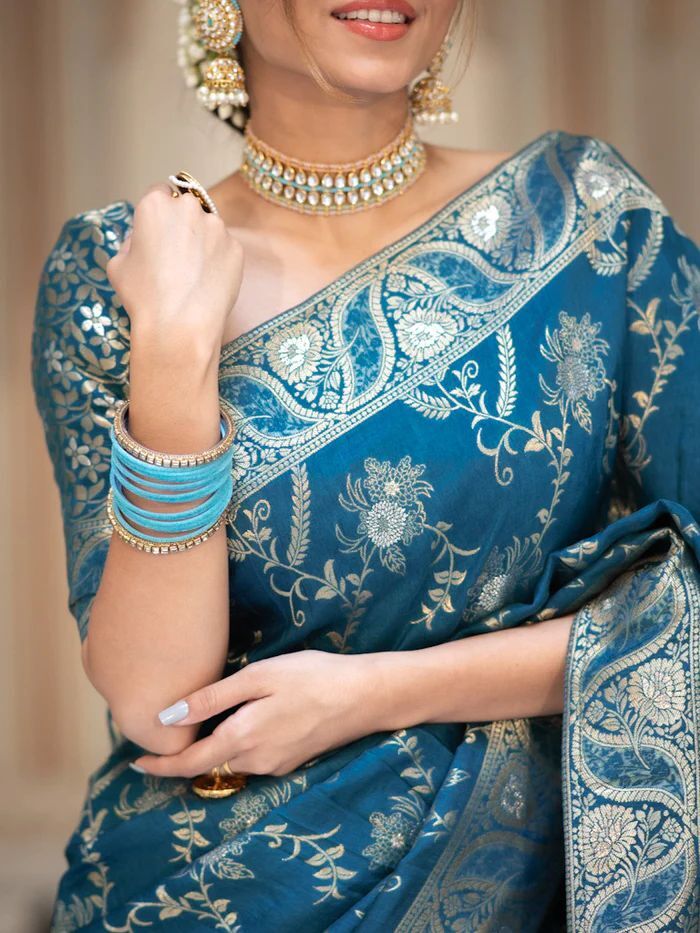 Rama Silk Saree With Unstitched Brocade Heavy Work Blouse