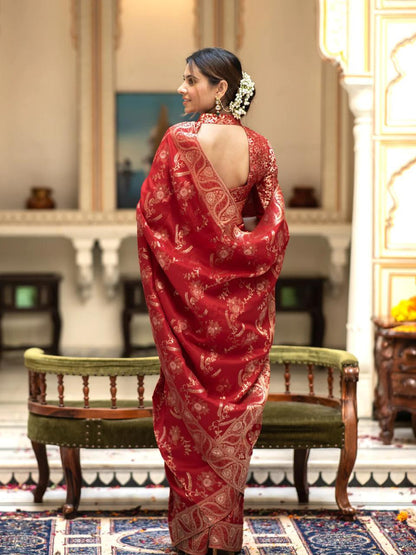 Red Silk Saree With Unstitched Brocade Heavy Work Blouse