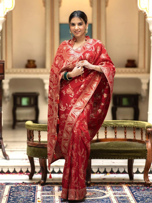 Red Silk Saree With Unstitched Brocade Heavy Work Blouse