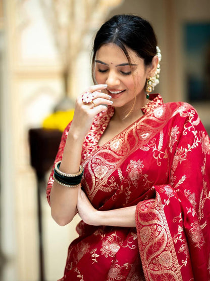 Red Silk Saree With Unstitched Brocade Heavy Work Blouse