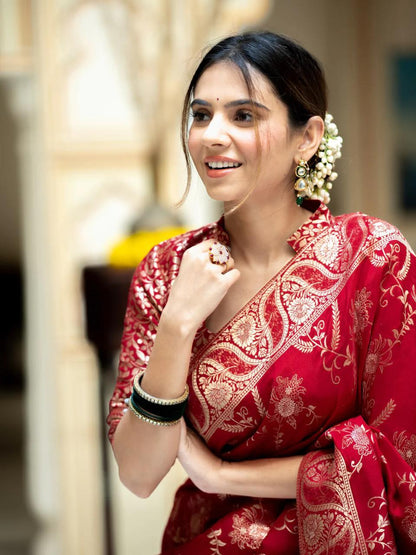 Red Silk Saree With Unstitched Brocade Heavy Work Blouse