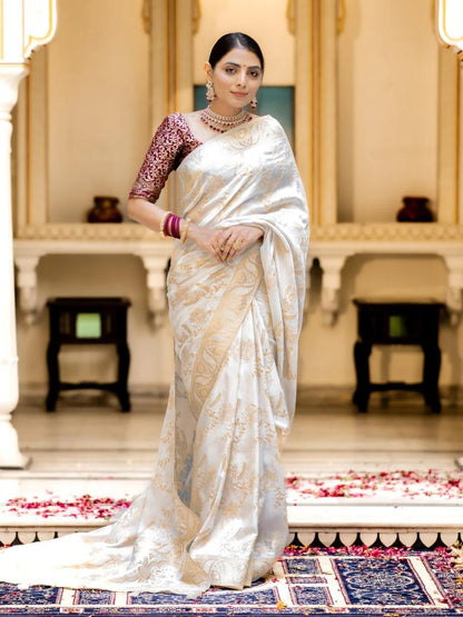 White Silk Saree With Unstitched Brocade Heavy Work Blouse