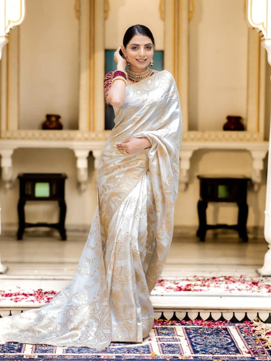 White Silk Saree With Unstitched Brocade Heavy Work Blouse