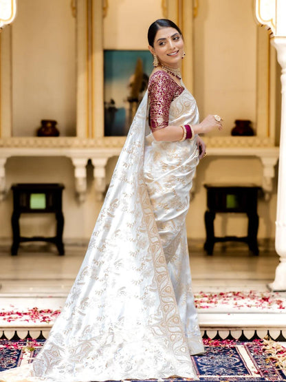 White Silk Saree With Unstitched Brocade Heavy Work Blouse