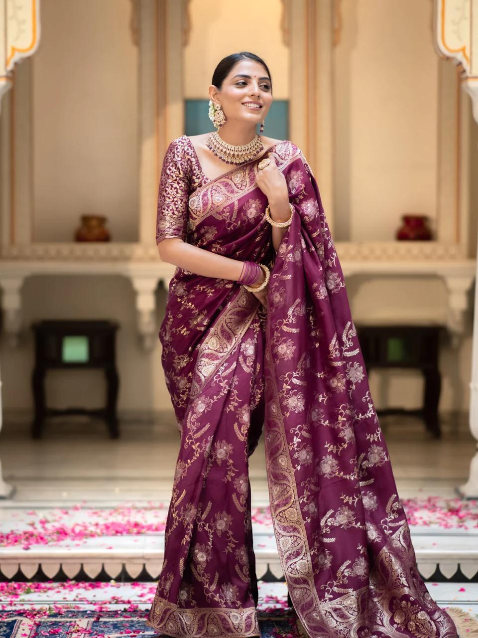 Purple Silk Saree With Unstitched Brocade Heavy Work Blouse
