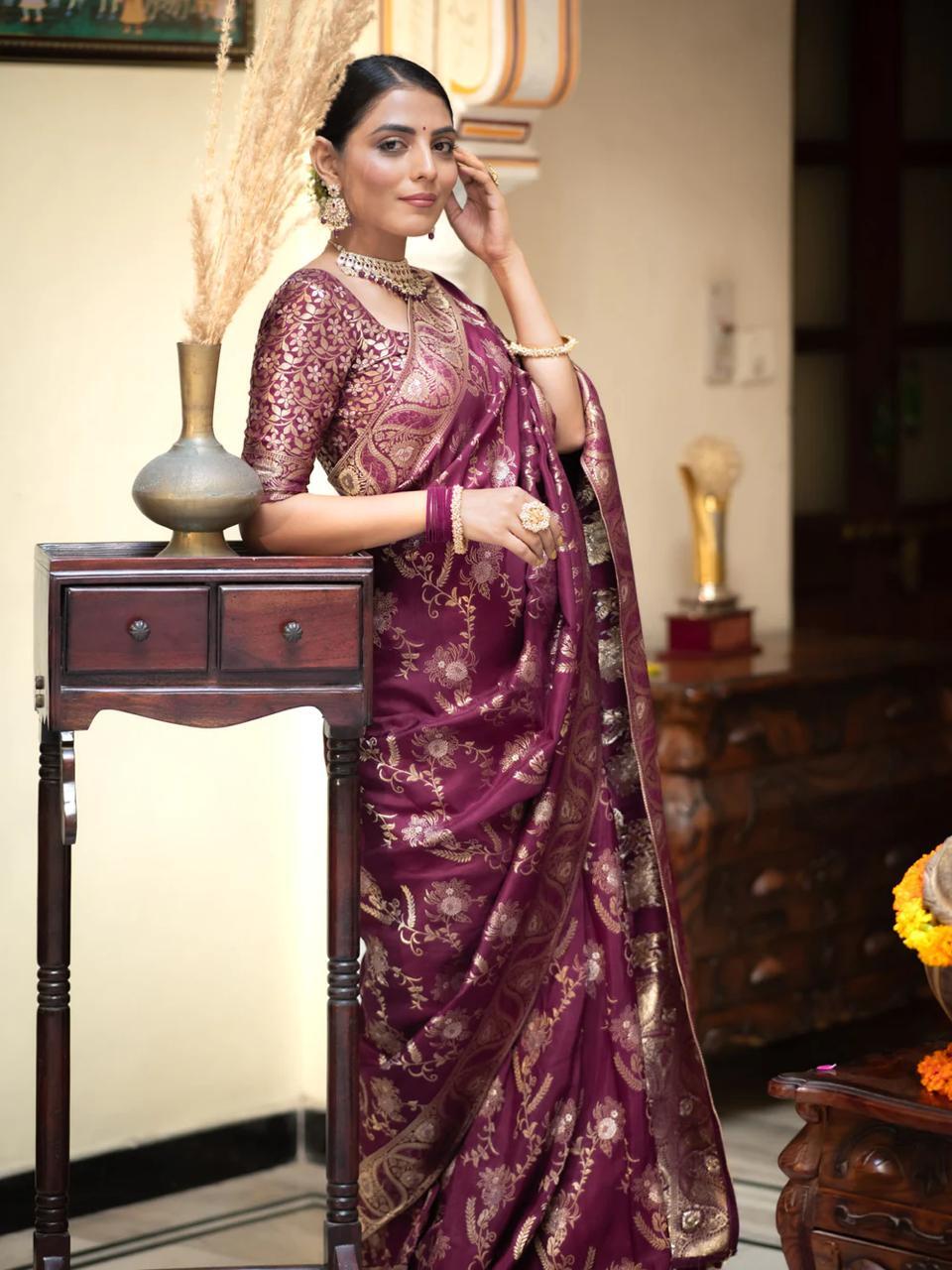 Purple Silk Saree With Unstitched Brocade Heavy Work Blouse