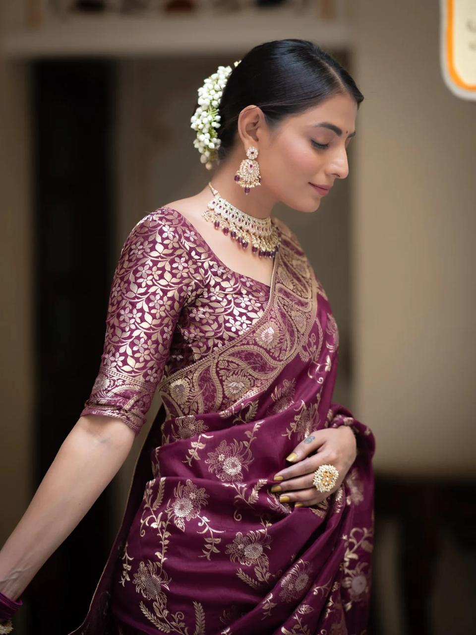 Purple Silk Saree With Unstitched Brocade Heavy Work Blouse
