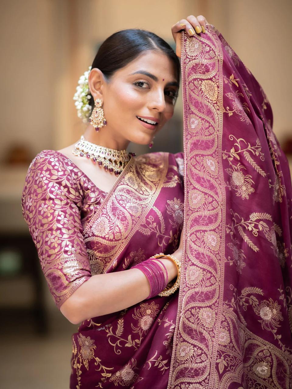 Purple Silk Saree With Unstitched Brocade Heavy Work Blouse