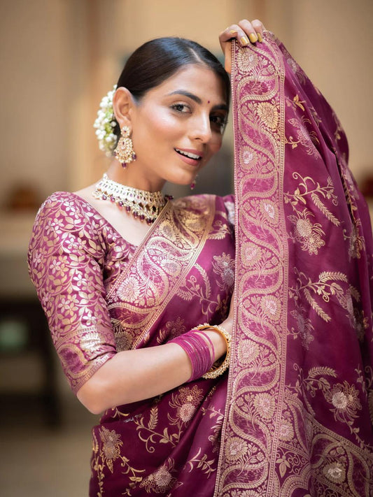 Purple Silk Saree With Unstitched Brocade Heavy Work Blouse