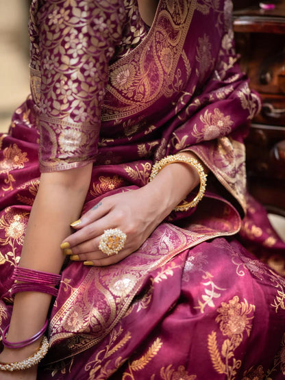 Purple Silk Saree With Unstitched Brocade Heavy Work Blouse