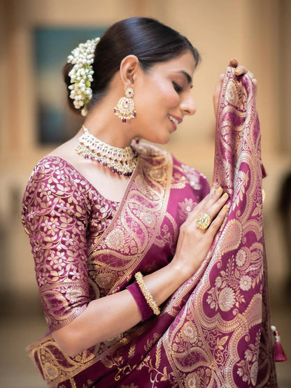 Purple Silk Saree With Unstitched Brocade Heavy Work Blouse