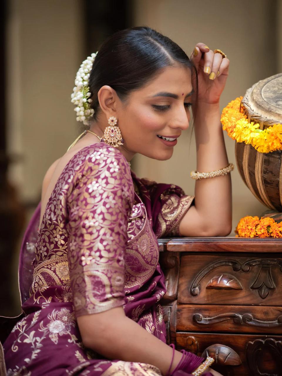 Purple Silk Saree With Unstitched Brocade Heavy Work Blouse