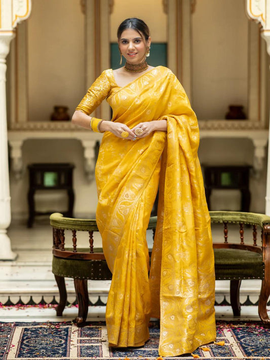 Yellow Silk Saree With Unstitched Brocade Heavy Work Blouse