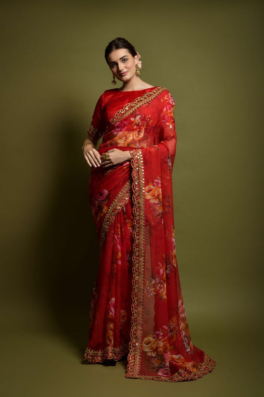 Red Floral Georgette Chiffon Saree With Unstitched Heavy Bengalori Sarttin Blouse