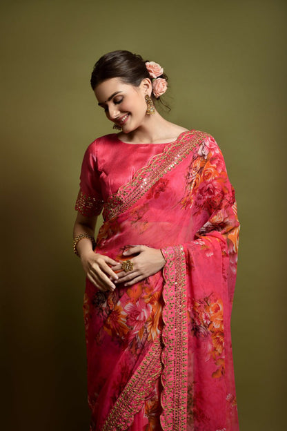 Pink Floral Georgette Chiffon Saree With Unstitched Heavy Bengalori Sarttin Blouse