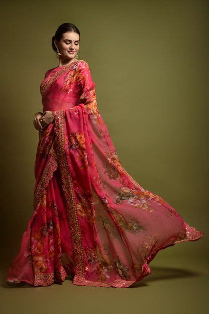 Pink Floral Georgette Chiffon Saree With Unstitched Heavy Bengalori Sarttin Blouse