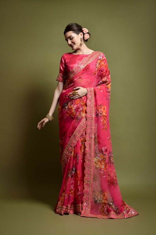 Pink Floral Georgette Chiffon Saree With Unstitched Heavy Bengalori Sarttin Blouse