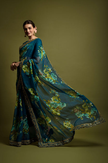 Dark Blue Floral Georgette Chiffon Saree With Unstitched Heavy Bengalori Sarttin Blouse