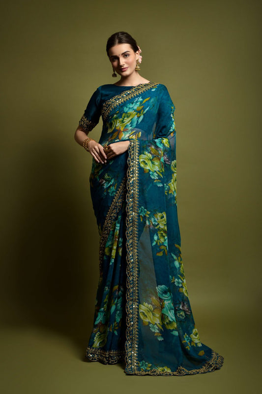 Dark Blue Floral Georgette Chiffon Saree With Unstitched Heavy Bengalori Sarttin Blouse
