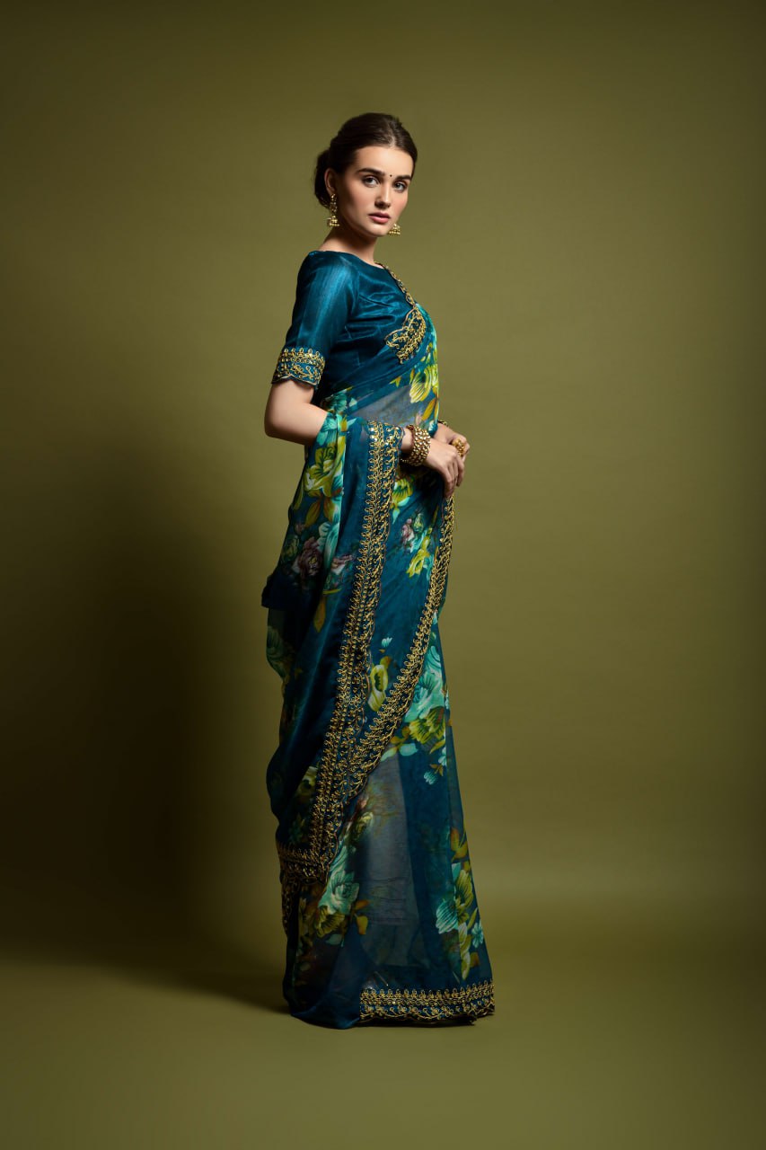 Dark Blue Floral Georgette Chiffon Saree With Unstitched Heavy Bengalori Sarttin Blouse