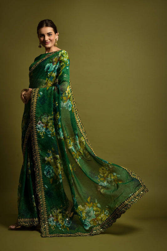 Green Floral Georgette Chiffon Saree With Unstitched Heavy Bengalori Sarttin Blouse