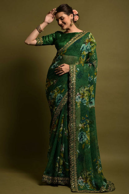 Green Floral Georgette Chiffon Saree With Unstitched Heavy Bengalori Sarttin Blouse