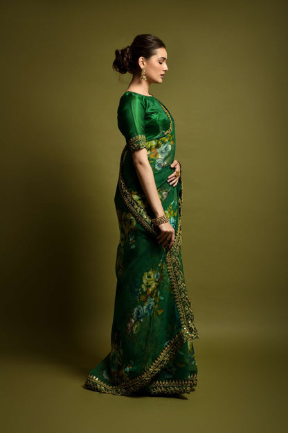 Green Floral Georgette Chiffon Saree With Unstitched Heavy Bengalori Sarttin Blouse