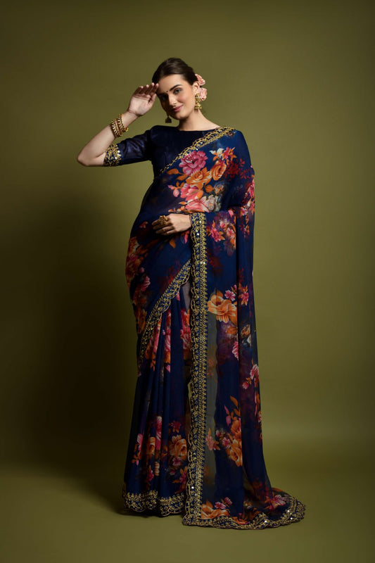 Blue Floral Georgette Chiffon Saree With Unstitched Heavy Bengalori Sarttin Blouse