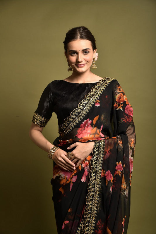 Black Floral Georgette Chiffon Saree With Unstitched Heavy Bengalori Sarttin Blouse