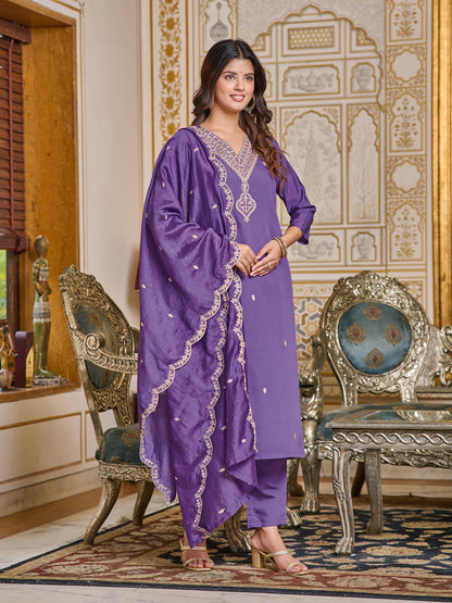 Blue Embroidered Chanderi Kurta With Pant And Dupatta Set for Women